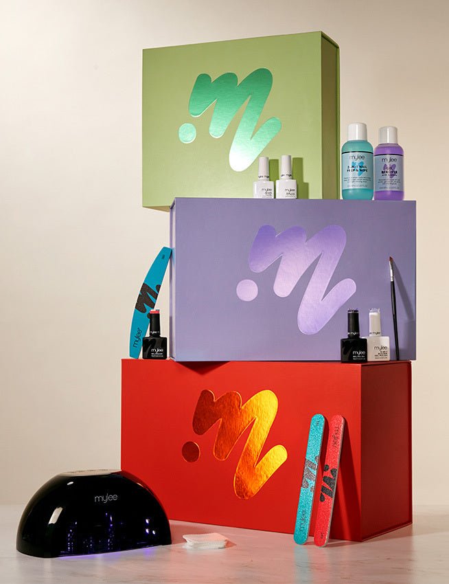 Close-up of Mylee nail products for creating a polished gel manicure